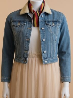 Plus Size Light Blue Denim Jacket with Sherpa Collar